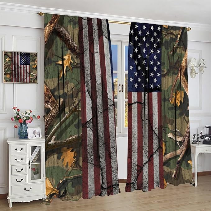 American Flag Curtains,Rustic Camo Forest Independence Day Drapes for Bedroom Living Room Kitchen Window Treatment 2 Panels Set Total Size 63" W X 72" L Inch