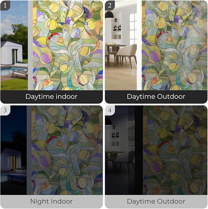 3D Stained Glass Window Film, Decorative Window Privacy Film for Bathroom,Front Door,Home, Sun Blocking Heat Control,Static Cling, Moonlight Tulip, 23.6inch x 35.4inch