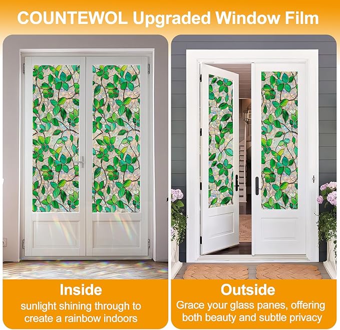 COUNTEWOL Window Privacy Film with Installation Tools Home Decorative Colored Glass Window Stickers Reusable electrostatic Rainbow Stickers (Greenery Leaf, 45.2 x 78.7 in)