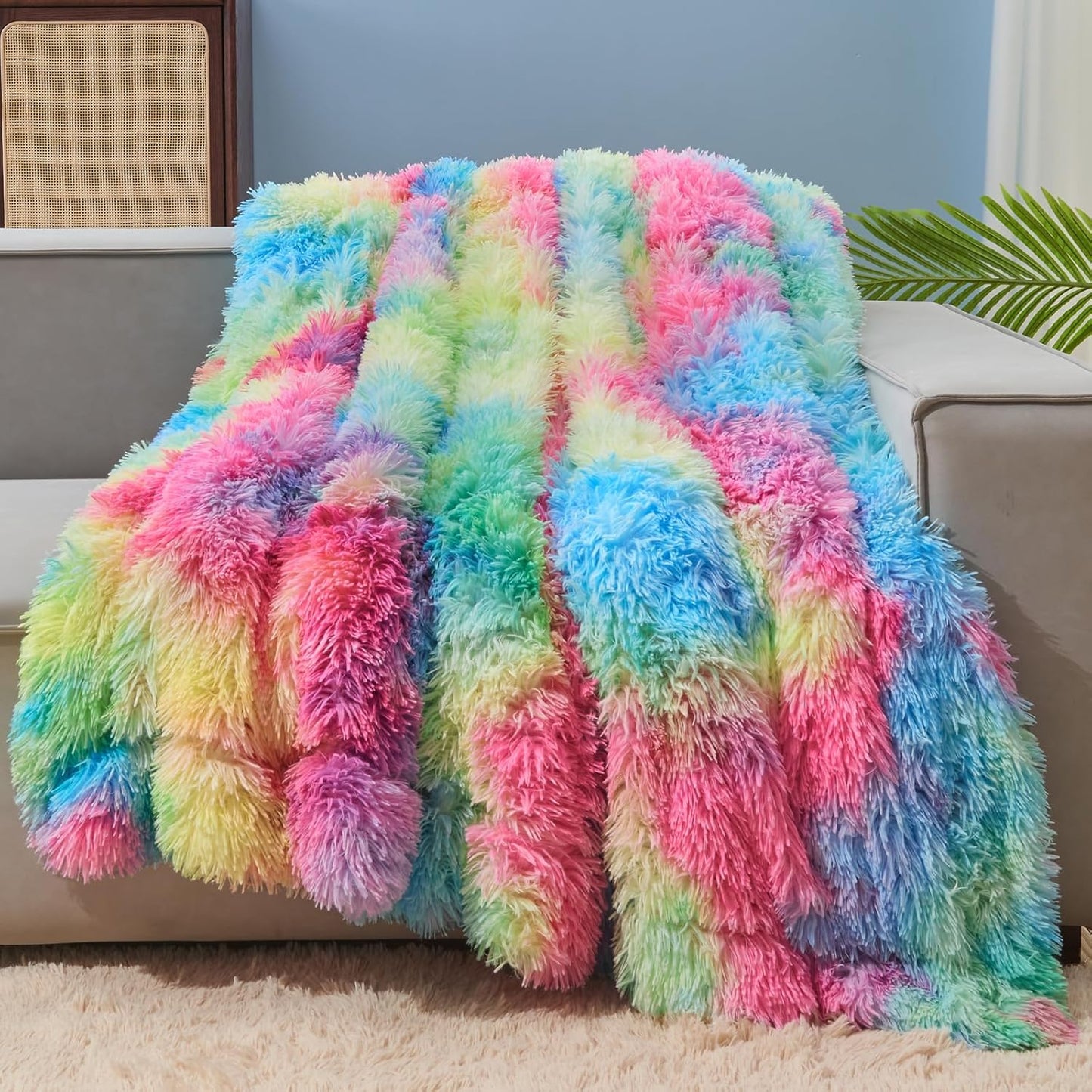 GONAAP Fuzzy Faux Fur Throw Blanket Dark Rainbow Super Soft Cozy Plush Fuzzy Shaggy Blanket for Couch Sofa Bed (Dark Rainbow, Throw(50"x60"))