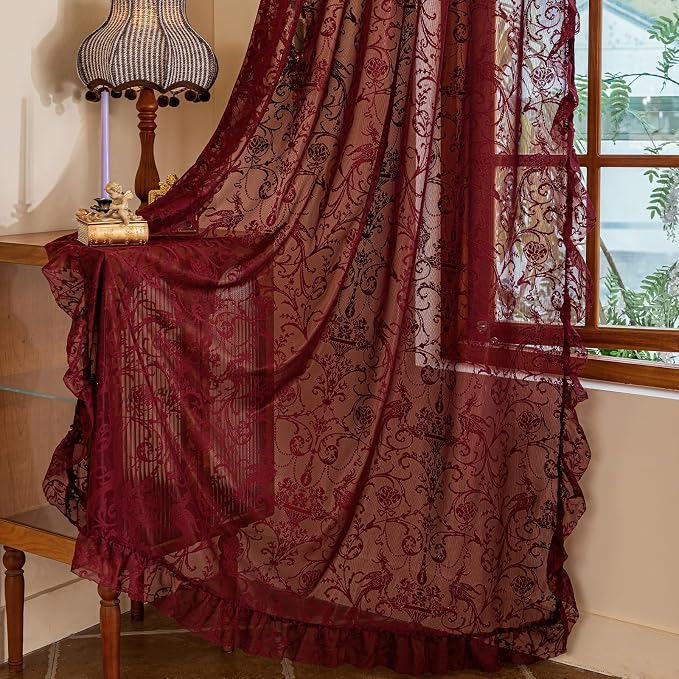 TUDECO Lace Maroon Curtains 96 Inches Long 1 Pair - French Floral Sheer Burgundy Curtains for Living Room, Art Decor Rod Pocket Ruffled Edges Dark Wine Red Drapes, 59 x 96 Inch, Burgundy