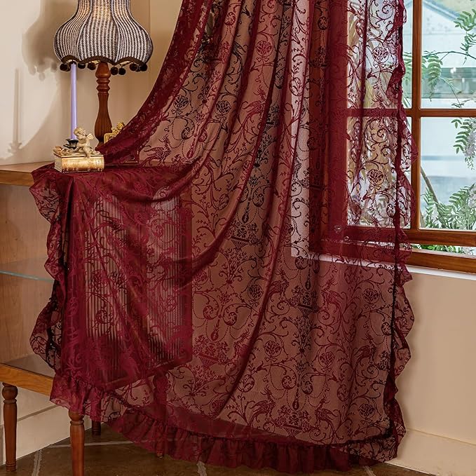 TUDECO Burgundy Floral Curtains 90 Inches Long - Antique Lace Semi-Sheer Maroon Curtains for Living Room with Ruffle Edges, Rod Pocket Privacy Burgundy Home Decor, 59 x 90 Inch, Deep Red