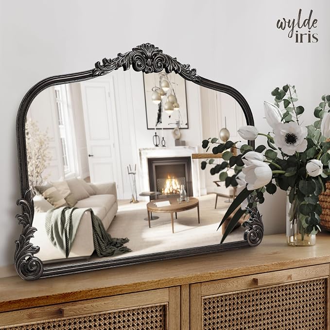 Wylde Iris English Estate Carved Arch Wood Wall Mirror, Mirror for Entryway, Living Room, Bathroom, Antique Silver, 26x37