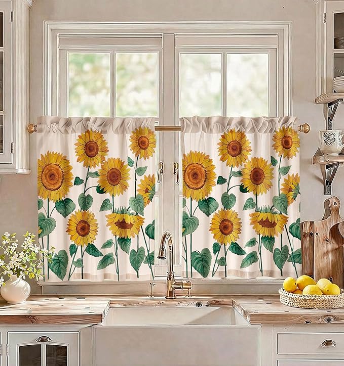 Miss Adola Sunflower Kitchen Tier Curtains - 30 Inch Length Linen Blend Farmhouse Cafe Curtains Floral Small Window Treatments Over Sink Rod Pocket for Bathroom Living Room Light Filtering, 2 Panels