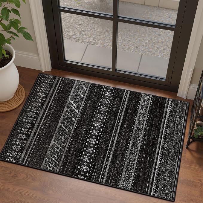 BESTSWEETIE 3x5 Area Rugs for Living Room Washable Moroccan Farmhouse Neutral Geometric Low Pile Non-Slip Soft Print Pattern Rug for Bedroom Kitchen Dining Room Entryway Black/White