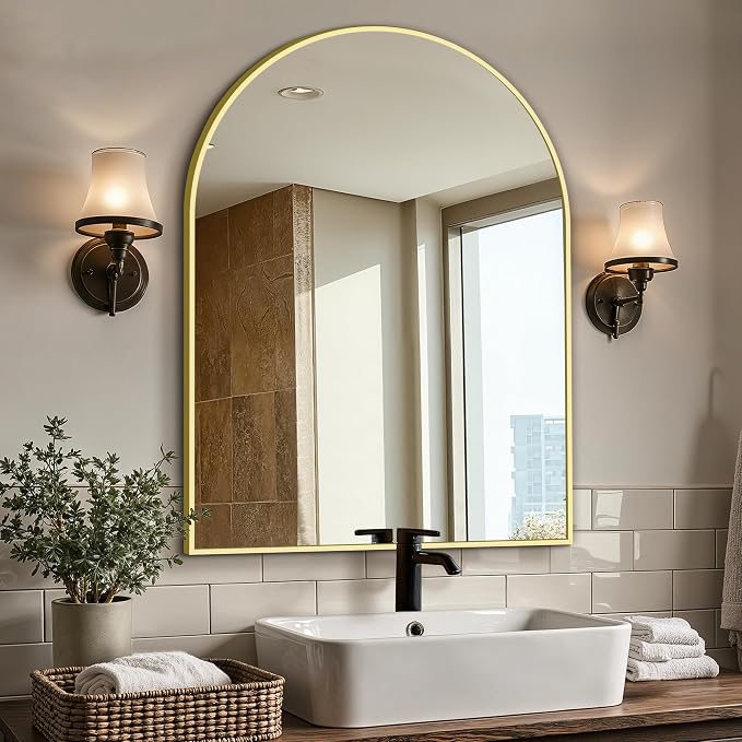 Vanity Bathroom Mirror for Wall, 40"x30" Arched Bathroom Mirror for Over Sink, Arched Metal Frame for Bedroom, Living Room, Entryway, Hanging or Leaning, Gold