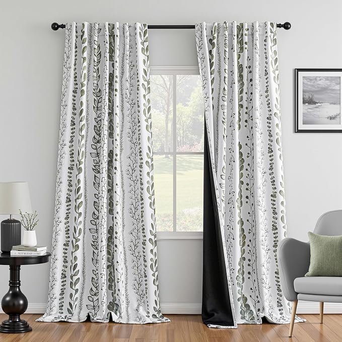 MEETSKY Sage Green Blackout Curtains 95 Inches Long 2 Panels Boho Curtains for Living Room Thermal Insulated Privacy Protection Rod Pocket Drapes for Bedroom, Leaf Print Window Treatment, 50" Wide