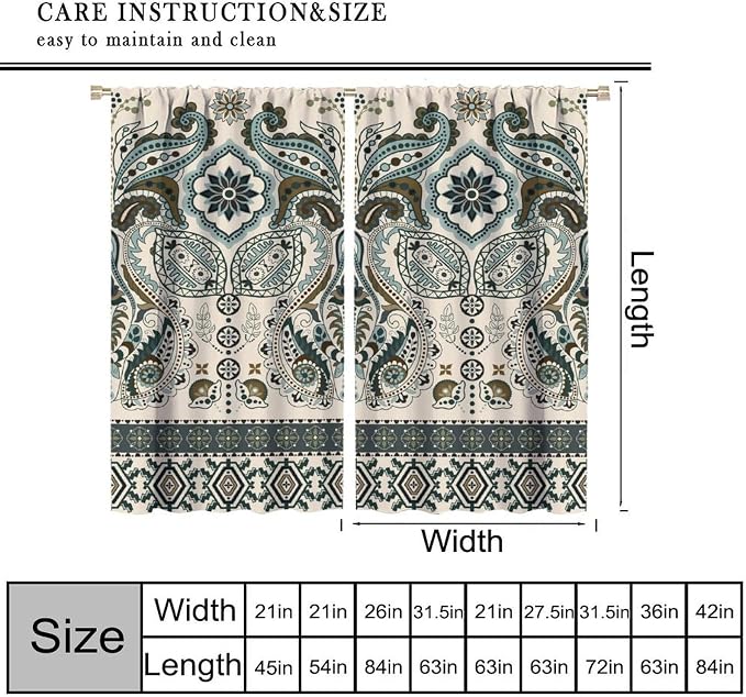 Bohemian-Style Curtains with Vintage Floral Patterns in Green and Brown Natural Tones; Blackout Curtains for Bedrooms, Living Rooms, and Kitchens42X54 Inch