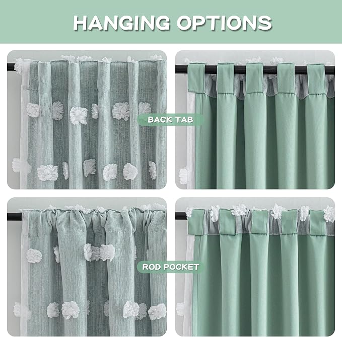 MYSKY HOME Kids Curtains for Boys Bedroom 72 Inches Long Room Darkening Double Layer Drapes for Son Room Decor White Pom Pom Sheer Back Tab Blackout Curtain 2 Layers Aqua 52 x 72 Inch 2 Panels