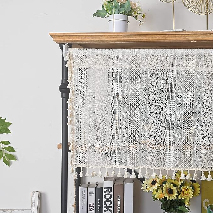 Sutuo Home Beige Boho Lace Short Curtain for Kitchen Window Curtains Over Sink,Vintage Chic Valance Crochet Bohemian Semi Sheer Farmhouse Rustic Handmade Tassels,Rod Pocket,1 Panel 59" W x 18" L