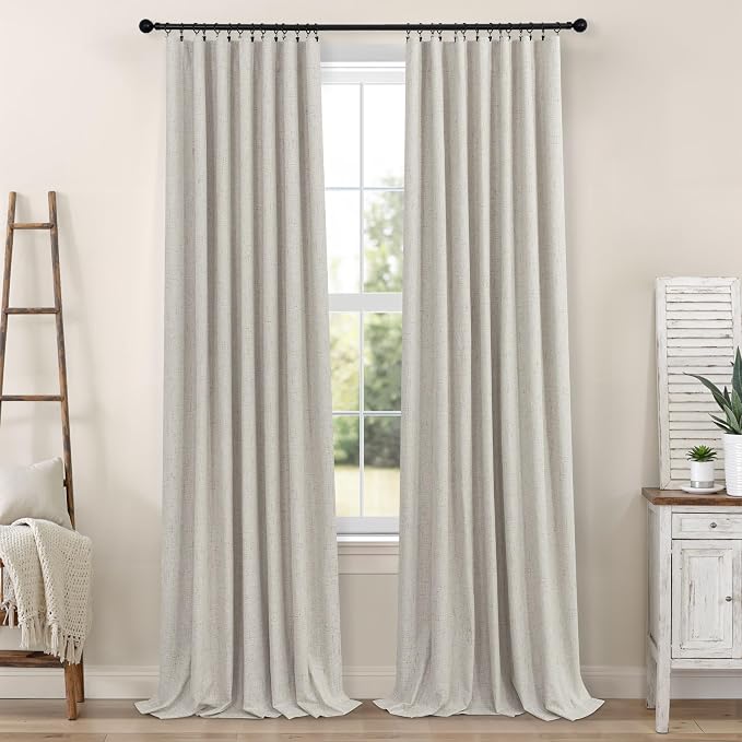 Blackout Linen Curtains 96 Inches Long for Living Room 2 Panel Set Black Out Light Blocking Back Tab Neutral Boho Farmhouse 96 Inch Curtain Drapes for Bedroom Window Earth Tone Stone Birch Taupe Tan