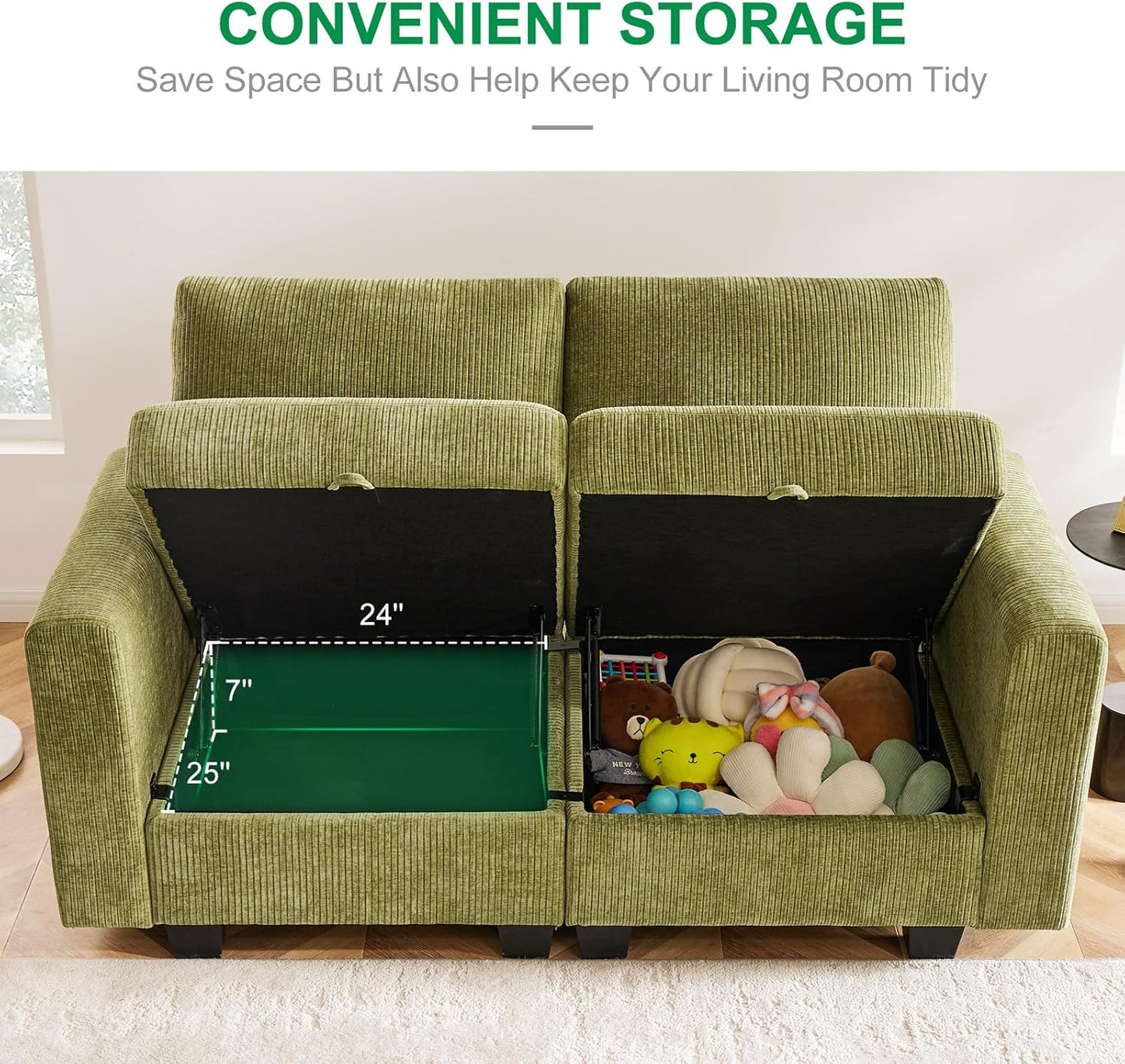 38.5 Oversized Accent Chair with Storage Green Corduroy Set of 2, Single Modern Accent Sofa Chair with Arms for Apartment Living Room (21" Deep Seat)