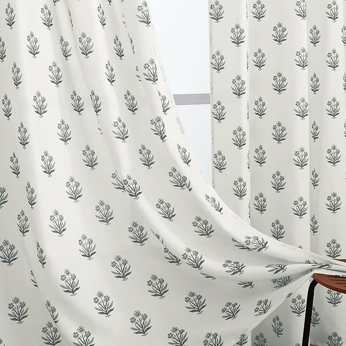 Grey Black Gothic Floral Curtains, Dark Academia Vintage Botanical Plaid Floral Modern Farmhouse Curtains for Office Living Room Bedroom