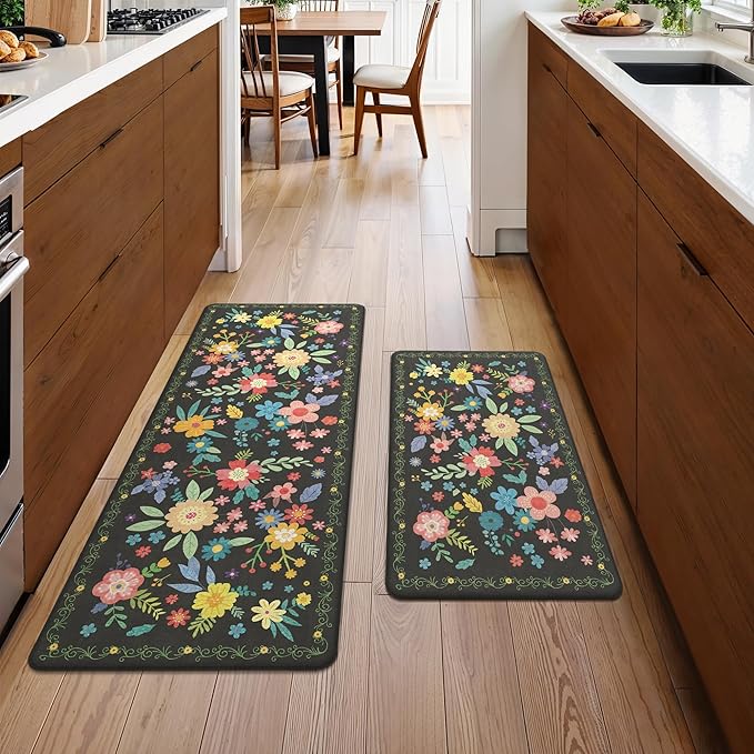 GENIMO Kitchen Mats for Floor 2PCS, Cushioned Kitchen Rugs Non Slip Washable, Farmhouse Anti Fatigue Mat Waterproof, Comfort Standing Mat Rug for Office, Home, Laundry, 17.3"x47"+17.3"x30", Black