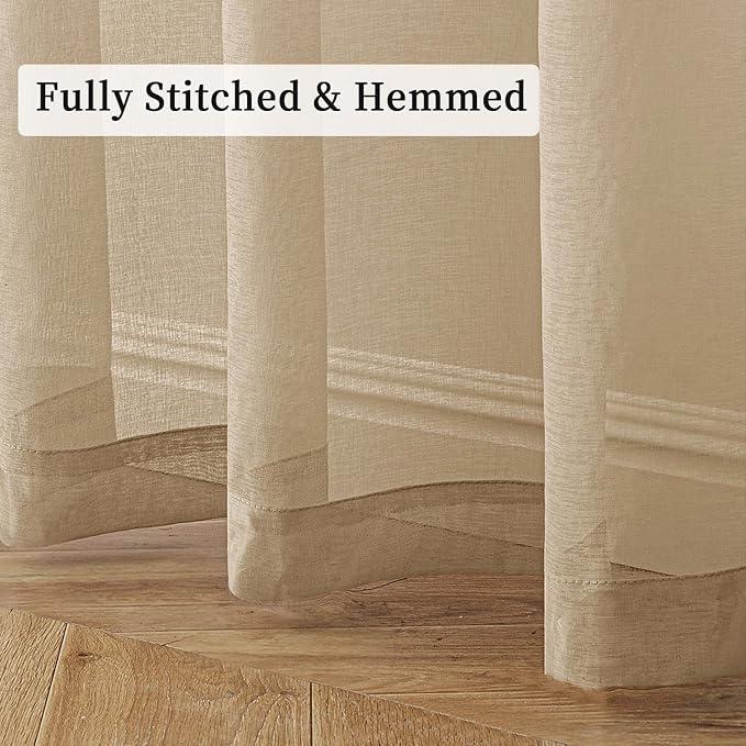 MIULEE 2 Panels Beige Khaki Sheer Window Curtains Elegant Grommet Top Window Voile Drapes/Treatment Linen Textured Panels for Bedroom Living Room (54X72 Inches)
