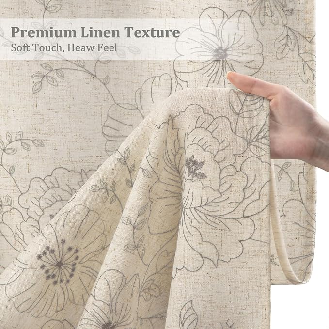 Boho Floral Curtains, Vintage Farmhouse Curtains 84 Inches Long, Grey Cottage Core Flower 2 Panels