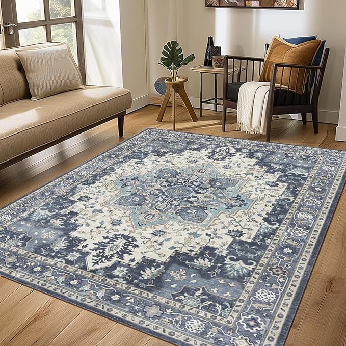 GENIMO 5x7 Area Rugs for Living Room, Machine Washable Non Slip Vintage Rugs, Low Pile Lightweight Print Rug for Bedroom, Dining Room, Home Office, Center Blue