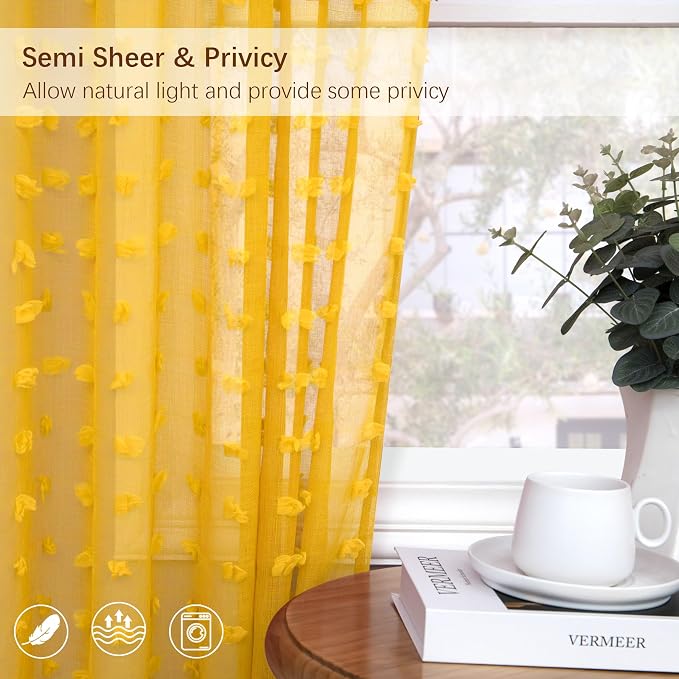 Mustard Yellow Sheer Curtains 84 Inch Length 2 Panels for Spring Living Dining Room Bedroom Boho Farmhouse Gold Semi Sheer Pom Poms Tufted Curtain 84 Inches Long for Nursery Girls Kids Room Back Tab