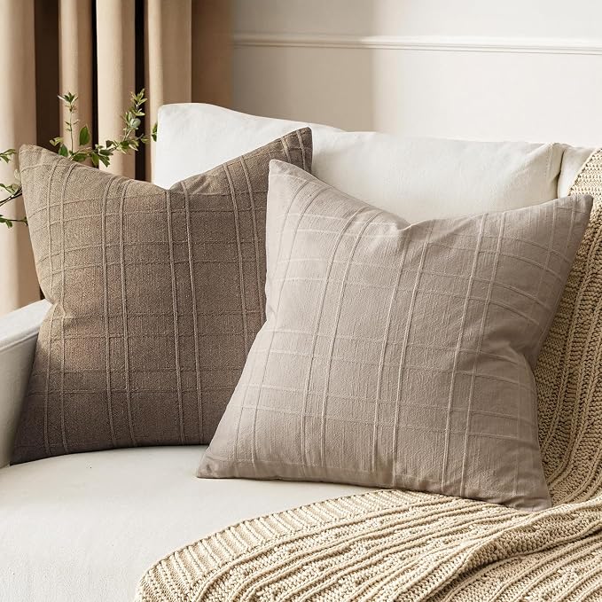 MIULEE Decorative Linen Check Euro Shams Throw Pillow Covers Neutral Farmhouse Vintage Pillow Covers 22x22 Set of 2 Boho Modern Home Decor for Sofa Couch Bedroom Cushion Natural Linen