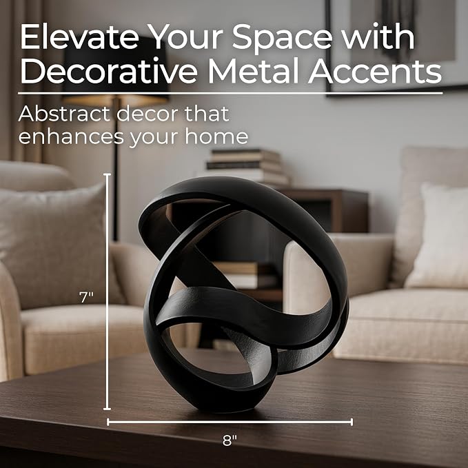 Metal Decorative Object – Minimalist Shelves & Coffee Table Decor – Aluminum Knot Sculpture Modern Home Decor for Office, Bedroom & Living Room – 8" x 7", Black