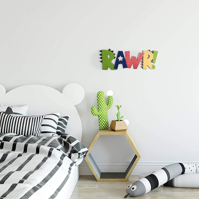 Rawr Dinosaur Room Wood Decor for Boys - Kids Decorations for Bedroom - Boys Nursery Room Wooden Wall Decor, Birthday Decoration Dinosaur Theme - Freestanding Multicolor Tabletop 13.7"