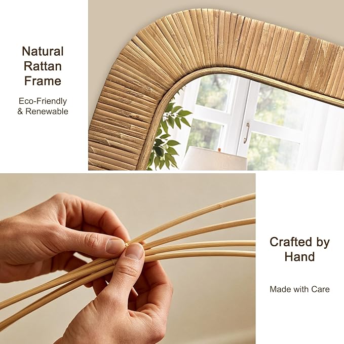 Decorative Rattan Wall Mirror, Boho Bathroom Modern Makeup, Rustic Wall Bohemia Mirrors for Bedroom, Living Room, Vanity Versatile Farmhouse, Nursery, Bathroom (Rectangular 48" x30“)