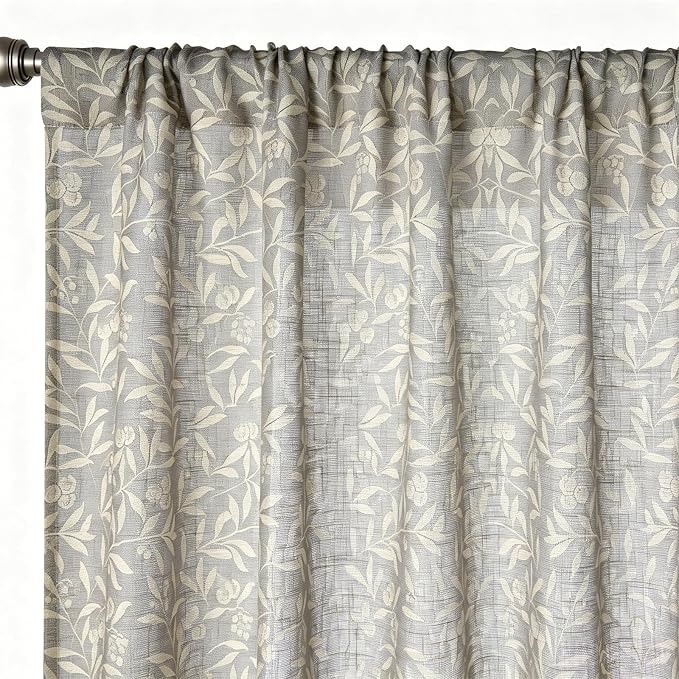 RoomTalks Taupe Khaki Floral Living Room Curtain Privacy Faux Linen Fabric, Vintage Boho Farmhouse Country Aesthetic 96 Inches Window Curtains for Bedroom Dorm Nursery, Elegant Cottagecore Panels