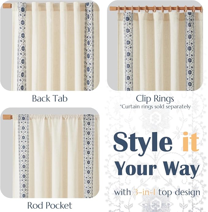 jinchan Weslie Boho Curtains for Bedroom Blue Vintage Floral Farmhouse Curtains 84 Inches Long Linen Drapes for Living Room Embroidered Light Filtering Drapes Rod Pocket Blue on Beige 2 Panels