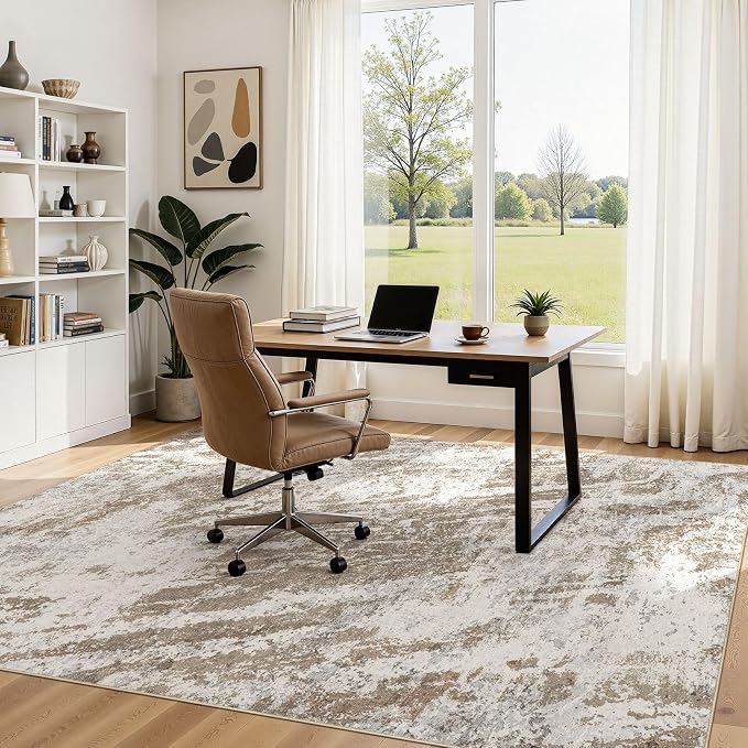 DMOYEST 5x7 Washable Area Rug: Abstract Modern Non-Slip Carpet, Soft Low Pile Indoor Neutral Easy Clean Floor Rugs for Living Room Bedroom Dining Room Kids & Pets - Brown
