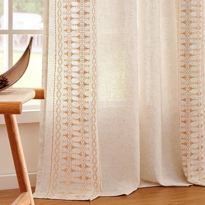 jinchan Boho Curtains Embroidered Linen Blend Window Curtains for Bedroom, Drapes 84 Inch Length 2 Panels Set, Geometry Grommet Bohemian Window Treatments Set for Living Room Gold on Beige