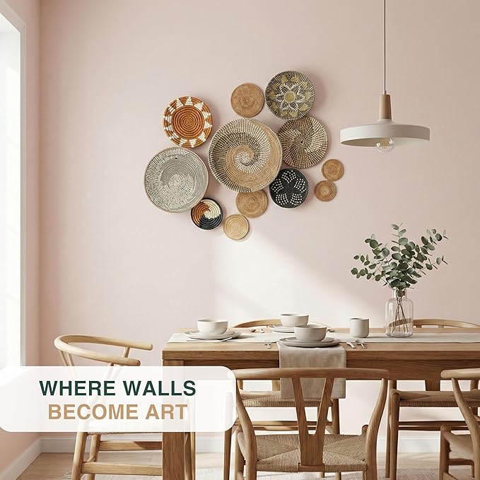Set of 12 Woven Basket Wall Decor, Decorative Plates for Wall, Unique Wicker Wall Art Decor, Decorative Baskets for Livingroom Bedroom