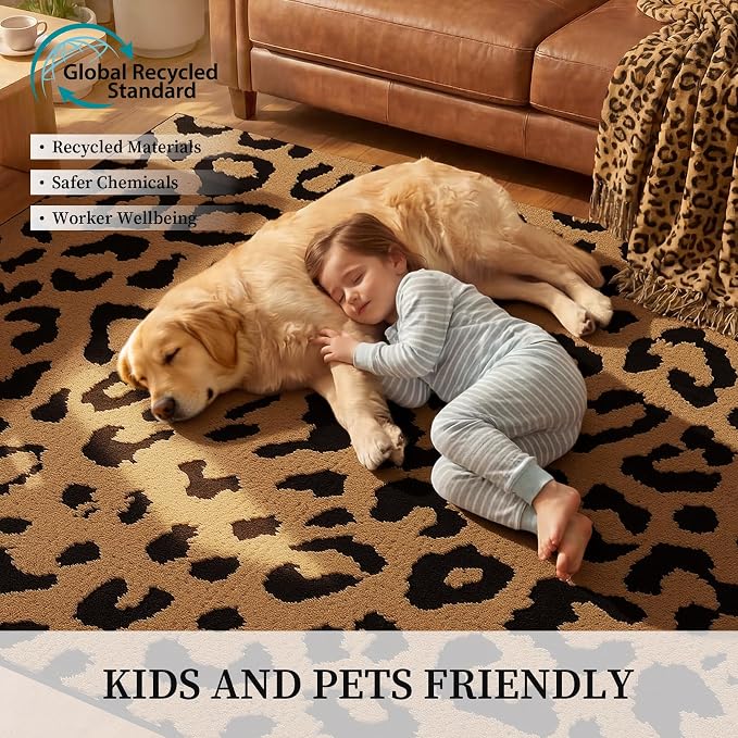 YIHOUSE 5×7 Ft Leopard Area Rugs, Washable High-Low Pile Plush Soft Rug, Non-Slip Non-Shedding Animal Cheetah Carpet for Living Room, Bedroom, Dining Room, Nursery, Home Decor