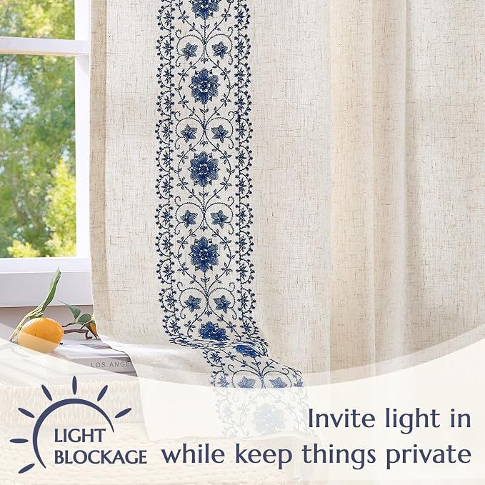 jinchan Weslie Boho Lined Linen Curtains for Bedroom Blue Vintage Floral Farmhouse Curtains 84 Inches Long Linen Drapes for Living Room Embroidered Drapes Rod Pocket Blue on Beige 2 Panels