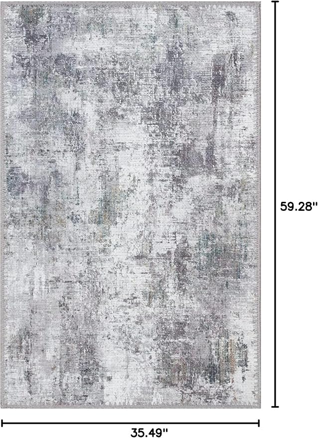 GLN Rugs Contemporary Collection - Machine Washable Area Rug, Contemporary Washable, Non Slip, Low Pile Chenille Rug, Living Room, Bedroom, Kitchen Rug (3' x 5' Grey/Green)