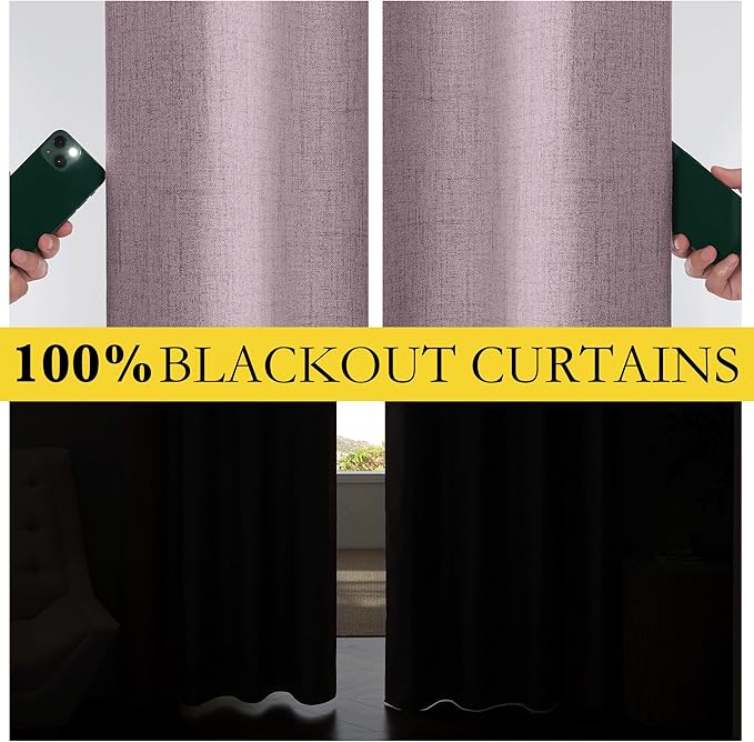 NICETOWN Chaise Mauve Vintage Linen 100% Blackout Curtains for Living Room, 52" Wide Per Panel, Set of 2, Thermal Insulated Curtains 90" Long, Noise Reducing Window Treatment Drapes for Home Cinema