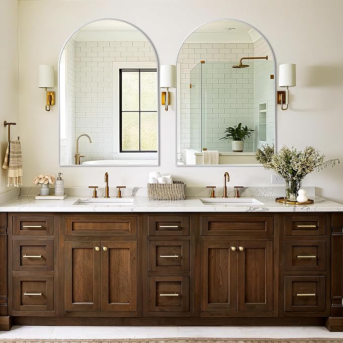 Bathroom Vanity Mirror for Wall, 38”x26” Arched Bathroom Mirror for Over Sink, Arched Metal Frame for Bedroom, Living Room, Entryway, Hanging or Leaning, Silver