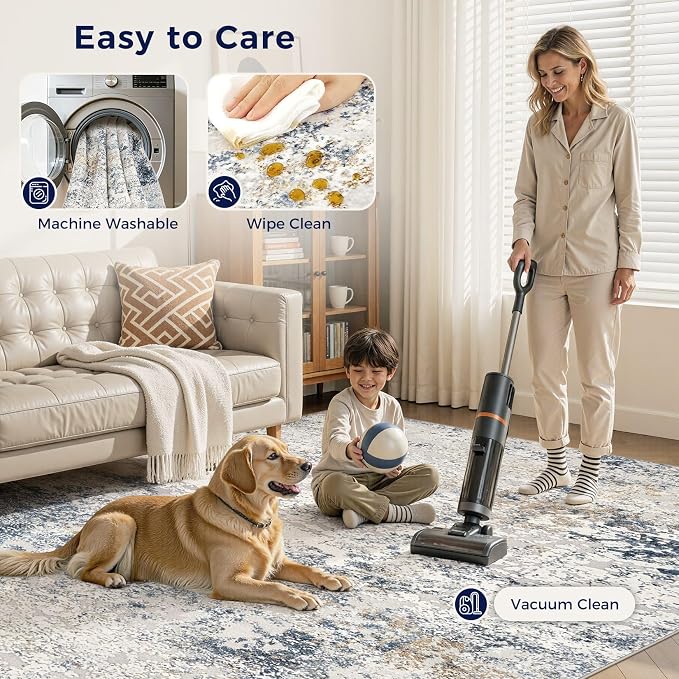 Area Rug Living Room Rugs - 9x12 Abstract Large Soft Indoor Washable Rug Neutral Modern Low Pile Carpet for Bedroom Dining Room Farmhouse Home Office - Beige Blue