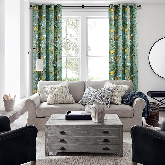 Topfinel Blackout Curtains 63 Inch Length 2 Panels, Cottagecore Tropical Forest Leaf Flower Hummingbird Lemon Patterned Energy Efficient Grommet Cute Green Drapery Treatment Nursery Classroom