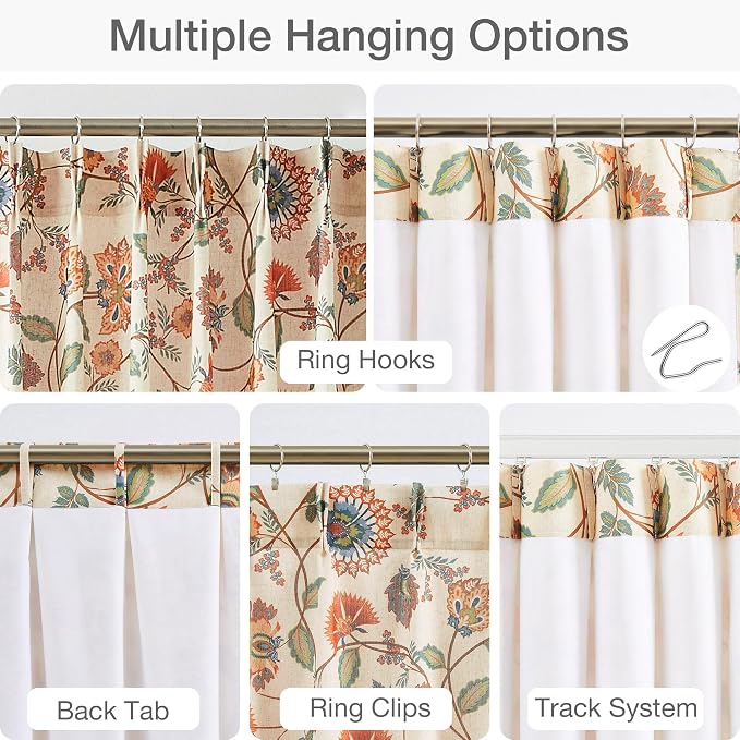 Vision Home Spice Red Floral Pinch Pleat Light Filtering Curtains Panels, Linen Window Drapes with Microfiber Liner & Back Tab Hooks for Living Room Bedroom, Vintage Jacobean Print 40" Wx102 Lx2