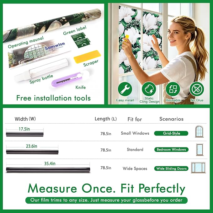SOMWISE Frosted Glass Window Privacy Film with Tools, Heat Blocking, Anti-UV, Anti-Glare, Static Cling, Decor for Home Bathroom Door, Renter Friendly, Removable, Reusable, Green 17.5Inchx78.5Inch