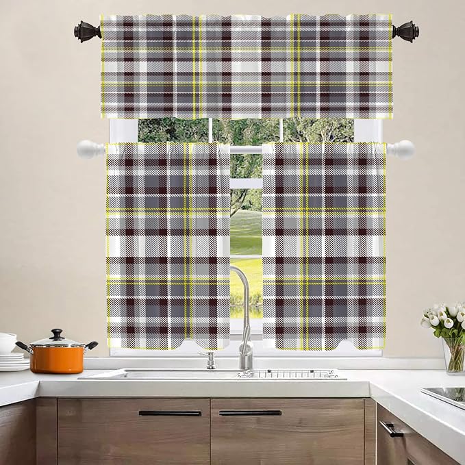 Shrahala Grunge Vintage Art Plaid Blackout Curtain Tiers, Tartan Grey Kitchen Valance Light Blocking Tier Drapes with Rod Pocket, 2 Pack 26 X 36 in