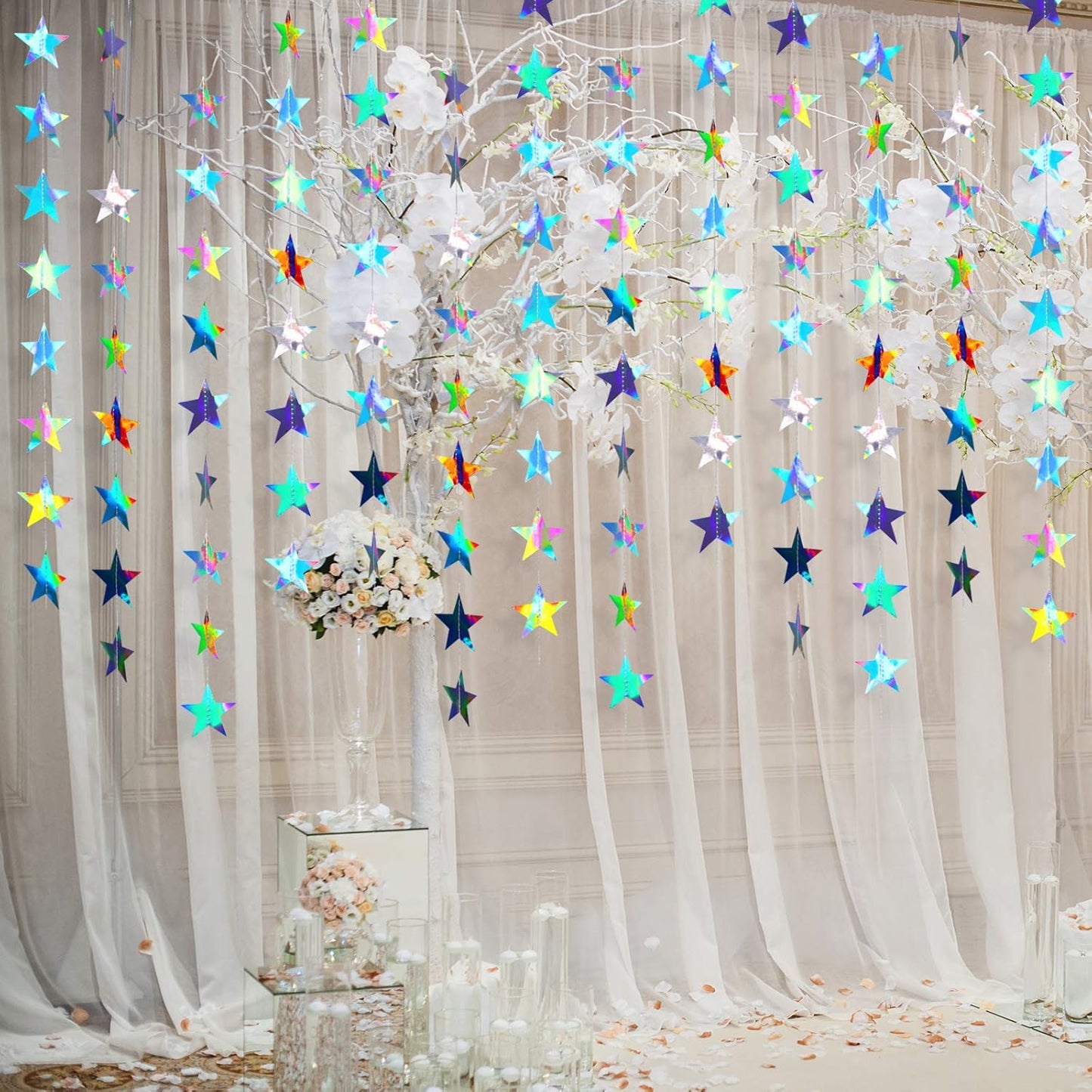 Patelai Glitter Star Garland Banner Decor 130 Feet Star Hanging Bunting Banner Twinkle Backdrop for Homecoming Classroom Wedding Birthday Halloween Christmas Party Supplies(Holographic Iridescent)