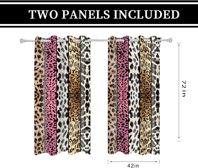 Wild Animal Print Curtain, Room Darkening Thermal Insulated Blackout Leopard Boa Window Drapes with Grommets for Living, Dining, Bedroom, Pink Leopard Print, 42"x 72", 2 Panels
