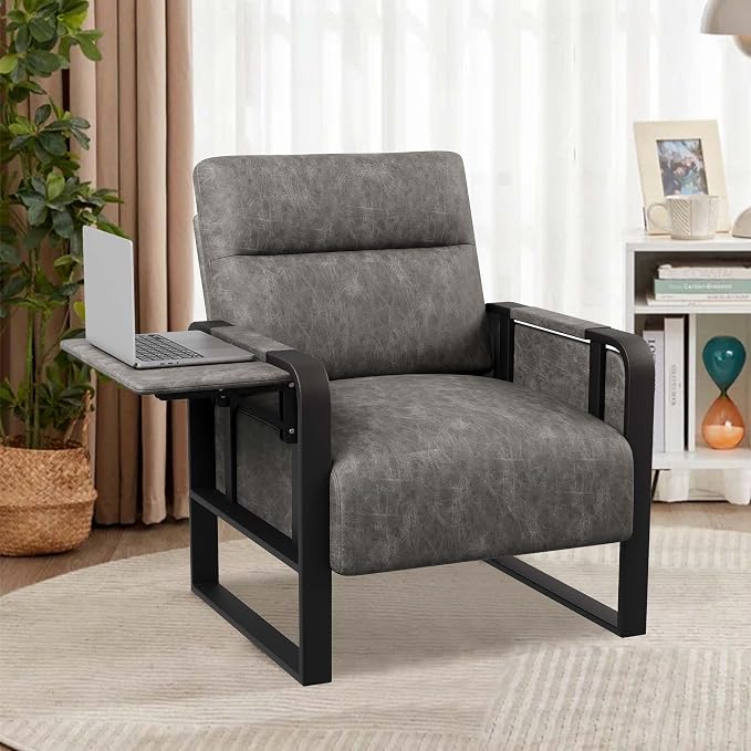 PU Leather Accent Chair, Modern Armchair with Foldable Table Upholstered Side Chairs for Living Room Bedroom Office Chair Grey