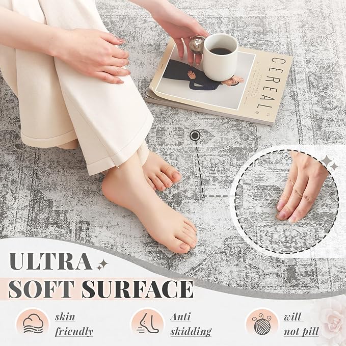 Area Rug 3x5 Vintage Rug: Washable Indoor Medallion Rug Low Pile Distressed Floor Carpet Retro Accent Doormat for Bedroom Bathroom Hallway Kitchen Home Office(Grey, 3'x5')