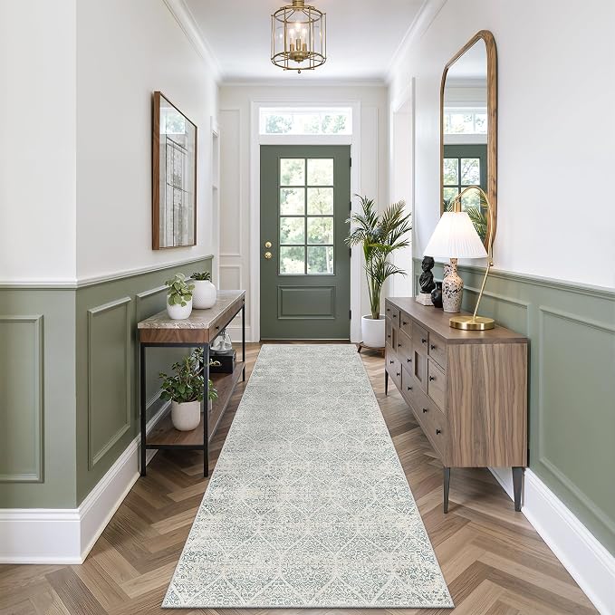 Soalmost Washable 2.5'x8' Runner Rug for Hallway,2'6"x8' Kitchen Runner Rug | Moroccan Trellis Runner Rugs with Rubber Backing Non-Slip Soft 2'6"x8' Carpet Runner for Entryway Laundry Bedroom Teal Blue