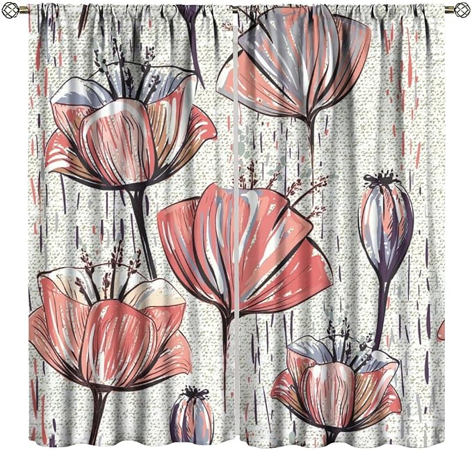 Black Blackout Curtains with Floral Patterns, Vintage Watercolor Red Floral Curtains for The Bedroom, and Heat-Insulating Curtains for The Living Room72X63 Inch
