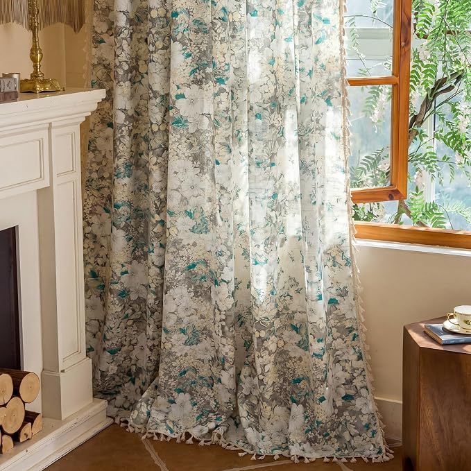 OYX Boho Floral Curtains 63 Inch, Linen Farmhouse Flower Drapes with Lace & Tassels, Light Filtering Semi Sheer Curtains for Living Room Bedroom, 2 Panels