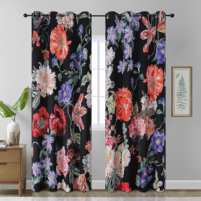 Estelar Textiler Floral Black Out Curtains for Bedroom, Watercolor Morning Glory Plant Print Thermal Insulated Room Darkening Grommet Window Curtains and Drapes for Living Room,Set of 2 Panels,52Wx84L