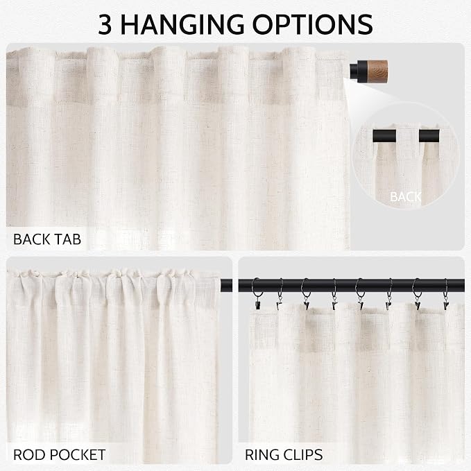 Ivory White Linen Curtains for Living Room 100 Inches Long Light Filtering Semi Sheer Curtain Back Tab Rustic Luxury Neutral Modern Farmhouse Decor Drapes for Bedroom Dinner Room 52x100, 2 Panels